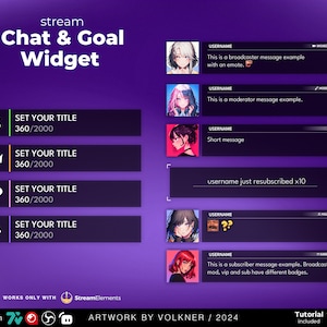 Könnte beinhalten: Ein lilafarbener Hintergrund mit einem Chat- und Ziel-Widget für Twitch-Streams. Das Widget hat vier Abschnitte mit Symbolen für Dollar, Kronen, Herzen und Dreiecke. Jeder Abschnitt hat einen Titel, der "Set Your Title" lautet, und eine Fortschrittsanzeige, die "360/2000" anzeigt. Das Widget enthält auch einen Abschnitt für Chat-Nachrichten mit verschiedenen Benutzertypen, darunter Broadcaster, Moderator und Abonnenten.