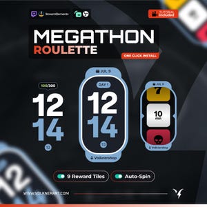 Könnte beinhalten: Eine digitale Overlay-Grafik mit dem Titel MEGATHON ROULETTE, die einen zentralen Countdown-Timer, einen Fortschrittsbalken 100/300 und eine Roulette-Oberfläche mit farbigen Kacheln zeigt. Enthält Textbeschriftungen für Day 1, Jul 9, 10 min und Volknershop.