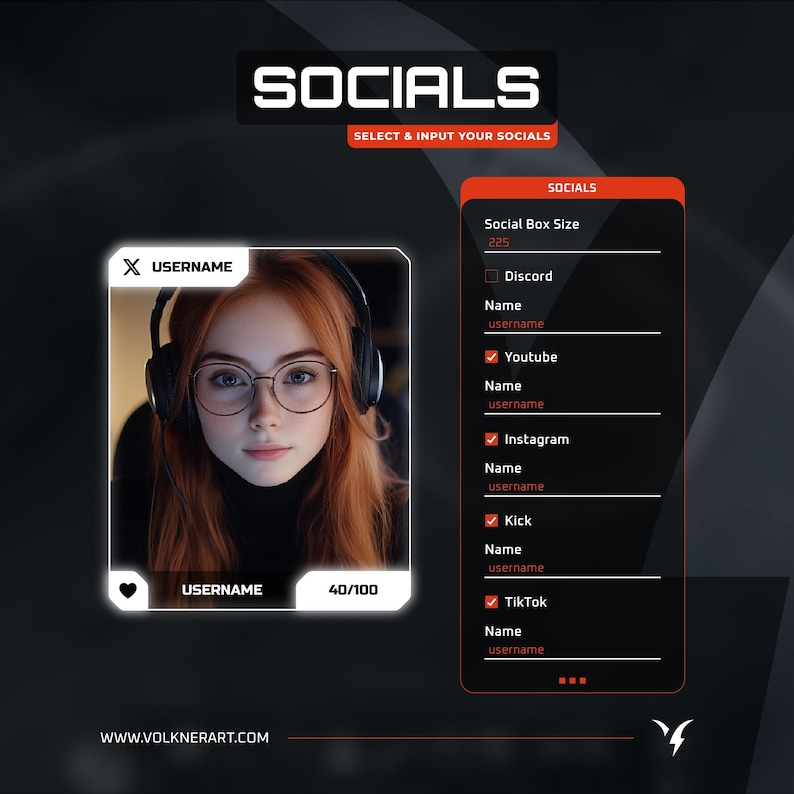 May include: Digital graphic with the word "SOCIALS" at the top. A profile picture of a person wearing glasses and headphones is on the left. On the right, a social media box with options for Discord, YouTube, Instagram, Kick, and TikTok.