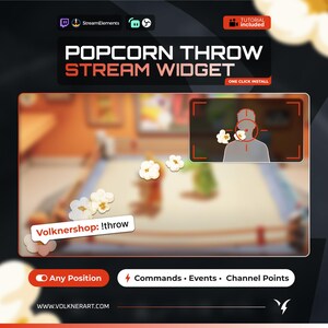 Może przedstawiać: Cyfrowy widżet do streamingu zatytułowany Popcorn Throw Stream Widget z grafiką rzucanych kawałków popcornu. Interfejs zawiera etykiety tekstowe dla StreamElements, tutorial included, one click install, Volknershop: !throw, Any Position, Commands, Events oraz Channel Points.