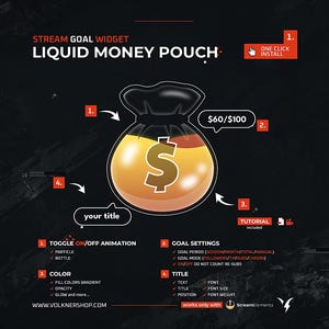 Widget Obiettivo Borsa per denaro liquido | Obiettivi di Money Bag Glass Twitch | Completamente personalizzabile | Obiettivo secondario | Widget per le donazioni | Trasmettitore | Elementi di flusso