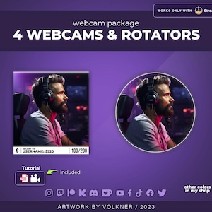 May include: A purple background with the text "4 WEBCAMS & ROTATORS" in white. The image shows a webcam overlay for streaming with a gamer wearing headphones. The overlay is a circle with a purple background and a gamer wearing headphones. The text "WORKS ONLY WITH StreamElements" is in the top right corner. The text "webcam package" is in the top center. The text "Tutorial included" is in the bottom center. The text "ARTWORK BY VOLKNER / 2023" is in the bottom center. The text "other colors in my shop" is in the bottom right corner.