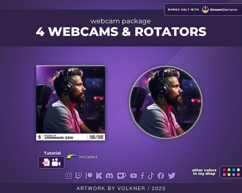 May include: A purple background with the text "4 WEBCAMS & ROTATORS" in white. The image shows a webcam overlay for streaming with a gamer wearing headphones. The overlay is a circle with a purple background and a gamer wearing headphones. The text "WORKS ONLY WITH StreamElements" is in the top right corner. The text "webcam package" is in the top center. The text "Tutorial included" is in the bottom center. The text "ARTWORK BY VOLKNER / 2023" is in the bottom center. The text "other colors in my shop" is in the bottom right corner.