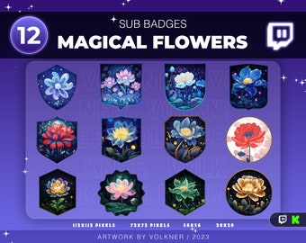 Op de afbeelding: Twaalf Twitch-abonnementbadges met magische bloemen in verschillende kleuren en stijlen. De badges hebben de vorm van een schild, een cirkel en een zeshoek. De tekst "SUB BADGES" en "MAGICAL FLOWERS" staat bovenaan de afbeelding. De tekst "12" staat in een cirkel linksboven in de afbeelding. De tekst "ARTWORK BY VOLKNER / 2023" staat onderaan de afbeelding.
