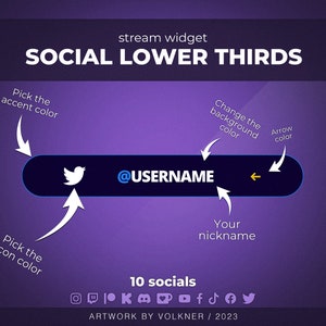 May include: A purple background with the text "SOCIAL LOWER THIRDS" in white. A black bar with a white bird icon and the text "@USERNAME" in yellow. The text "Pick the accent color" is above the bar with an arrow pointing down. The text "Pick the icon color" is below the bar with an arrow pointing up. The text "Change the background color" is to the right of the bar with an arrow pointing left. The text "Arrow color" is above the arrow pointing left. The text "Your nickname" is below the bar. The text "10 socials" is below the bar with icons for Instagram, Twitch, Discord, TikTok, YouTube, Facebook, and Twitter. The text "ARTWORK BY VOLKNER / 2023" is below the icons.