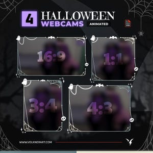 May include: A Halloween-themed graphic showcasing four animated webcam frames with aspect ratios of 16:9, 1:1, 3:4, and 4:3. The design incorporates spiderwebs, bats, and ghosts, with the text "HALLOWEEN WEBCAMS ANIMATED."