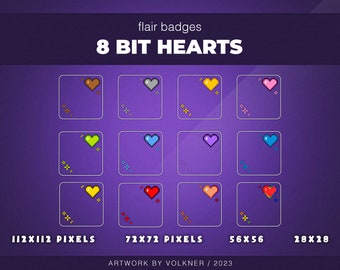 Twitch 8 Bit Heart Flair Badges | 12 Heart Bit Badges | stream | Twitch/Discord/Kick