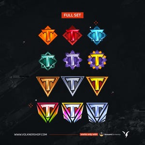 May include: A set of 10 Twitch channel points badges featuring a stylized letter "T" in various colors, including red, blue, green, purple, gold, and silver. The badges are designed for use on the Twitch platform.