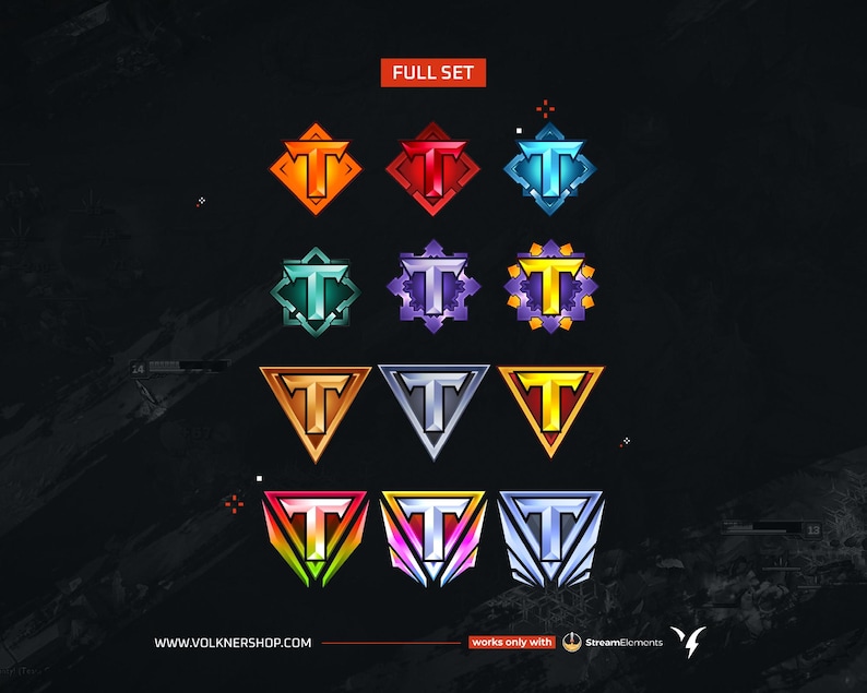 May include: A set of 10 Twitch channel points badges featuring a stylized letter "T" in various colors, including red, blue, green, purple, gold, and silver. The badges are designed for use on the Twitch platform.
