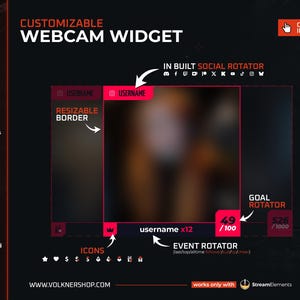 Anpassbares Webcam-Overlay | Twitch-Ziel-Widget | Social- und Event-Rotator | Benutzerdefinierte Farben | Streamelemente | OBS