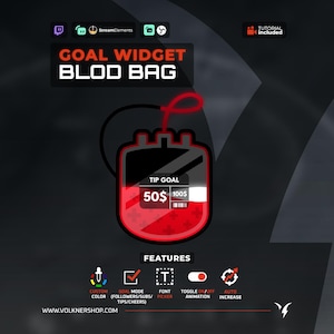 Può includere: Una grafica widget obiettivo intitolata GOAL WIDGET BLOD BAG con un'illustrazione di una sacca di sangue rossa e un display per l'obiettivo mance che mostra 50$ su 100$. La grafica include icone per colore, modalità, carattere e animazione.