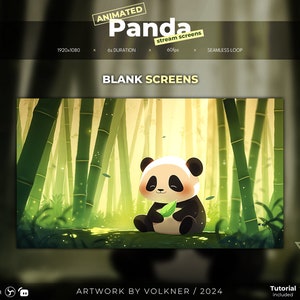 Pode incluir: Tela de transmissão Panda animada com um panda fofo em uma floresta de bambu. O panda é preto e branco, segurando uma folha verde. O fundo apresenta caules de bambu e luz solar. A tela é 1920x1080, 6 segundos de duração, 60fps e em loop contínuo.