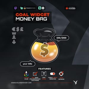 Puede incluir: Un gráfico digital de bolsa de dinero para widget de objetivos con parte superior negra y base naranja, con un signo de dólar blanco. Incluye los textos GOAL WIDGET MONEY BAG, $55/$100, your title e iconos de divisas y funciones de personalización.