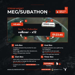 May include: A black and red graphic with the text "MEG/SUBATHON" and a red button that says "ONE CLICK INSTALL". The graphic also includes a timer, a goal box, an info box, and an alert box. The graphic is designed for use on a streaming platform.