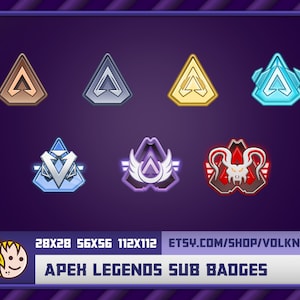 Puede incluir: Un conjunto de 7 insignias de sub de Apex Legends en diferentes tamaños y colores. Las insignias presentan una forma triangular con una letra A estilizada en su interior. Las insignias son de bronce, plata, oro, azul, azul claro, morado y rojo. El texto "28x28 56x56 112x112 ETSY.COM/SHOP/VOLKNER APEX LEGENDS SUB BADGES" está en la parte inferior de la imagen.