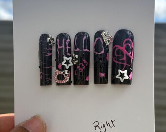 Lele's Grunge Y2K HK Wallpaper Press on Nails | XL Square Hello Kitty/Kuromi Themed Press on Set | Black/Pink 2000's Press on Nail Set |