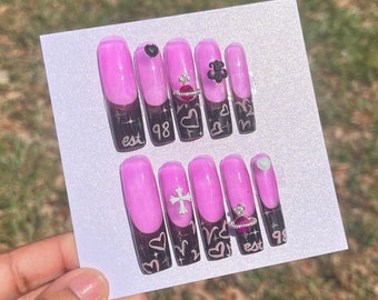 T'yana's Birthday Nails Acrylic Press on Set- Pink/Black Y2K Birthday Year Nails- Est Since the 90's Nails- Pink/ XL Black French Tip Nails