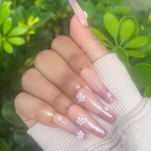 Bonita Acrylic Press on Nails | Nude/Purple French Tip Press on Nail | Handmade Floral Press on Nails | Thermal Flower Press on Nails Coffin