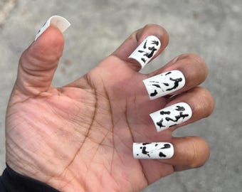 The Ink Blot Gel Press on Nails | Short Square Black and White Spot Nails | Ink Splatter Nail Art | Reusable Handmade Luxury Press on Nails