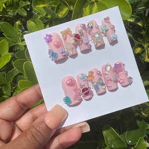Issa Junkie Pink Gel Press on Nails Small | Square Medium Pink Junk Charm Press on Nail Set | Handmade Press ons | Ready to Ship Nails |