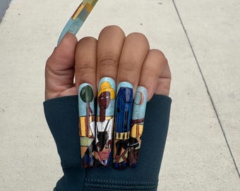 Sowing Gel Press on Nails | Black History Month Art Nails | Man and Woman Plowing with Donkey Harlem Renaissance WH Johnson Nail Painting