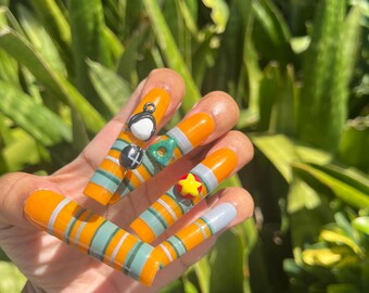 The Beldam’s Game Acrylic Press on Set- Coraline Press on Nails- Coraline Gloves Costume- Halloween Nails- 3D Coraline Nails Orange/Green