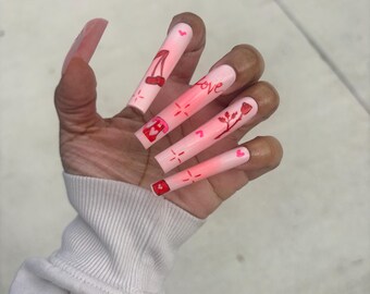 Valentine’s Day Doodles Limited Edition Gel Press on Nails | 3XL Square Pink Hand Painted VDay Heart Love Press on Set | Pink VDay Nails |