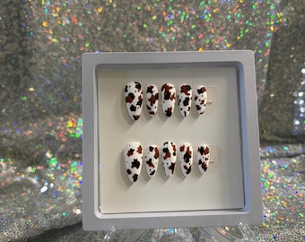The Cowhide Gel Press on Nails | Almond Small White & Brown Cow Print Press on Nails | Custom Reusable Hand Painted Cowboy Gel Nails |