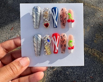 Deanna’s Cardi B Concert Acrylic Press on  Nails | Long Coffin Red & Blue New York Inspired Press on Nails | Bling French Tip 3D Cherry Nail