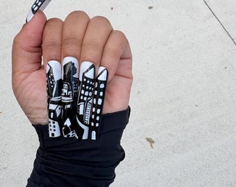 Looking Upward Gel Press on Set | Harlem Renaissance Inspired Black History Month Art Painting | 3XL Square Black/White Painting BHM Nails |