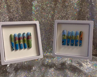 Cafe Tropical The Weekly Gallery Gel Press on Nails | Handpainted Schitt’s Creek Decor Inspired Nails | Lake Grass Flowers Painting Nails |
