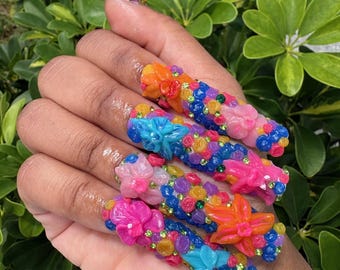 The Flowers Pt 2: The Deadly Trio Gel Press on Nails | 3XL Square 3D Orchid/Delphinium/Ranunculus Hand Sculpted/Painted Flower Art Nails