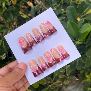 Kaylee’s Hibiscus Brown Sugar Acrylic Press on Set- Nude/Brown/White Duck Nails- French Nails Brown- 90’s Duck Nails Long- Flower Nails