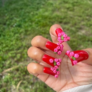 A Bouquet of Peonies Acrylic Press on Duck Nails | Floral Acrylic Nail Set | Handmade Long Duck Shape Nails | 3D Pink Flower Acrylic Nails