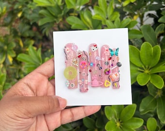 For the Love of Junk Squared Acrylic Press on Nails | 3XL Square Junk Charm Pink Glow in the Dark Custom Acrylic Handmade Press on Nails
