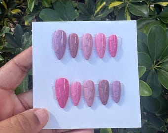 Hearts of the Color Wheel Gel Press on Nails | Medium Almond 3D Acrylic Dust Hearts | Custom Handmade Luxury Press on Nails Pink/Purple |