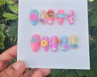 Ahlai’s Sweet Shoppe Gel Press on Nails | Short Almond Children’s Press on Nails Set | Candy Charm Colorful Press on Nails for Kids |