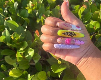 The Artist Allisha’s Tropical Guava Press on Nails | 2XL Almond French Tip/ 90’s Line Work /Orchid/ Fruit Press on Nails
