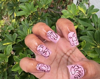 The Faces Gel Press on Set | Short Square Purple Abstract Faces Press on Nails | Minimalist Abstract Art Press on Nails | Handpainted Nails