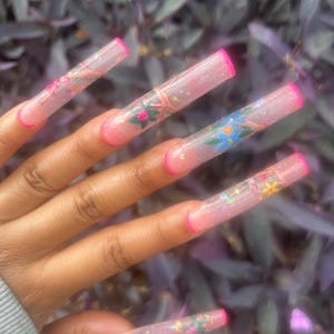 The Flower Exhibition Acrylic Press on Set- Pink Glow in the Dark Flower Nails- Flower Art Press on Nails- 3XL Square Pink Painted Nails