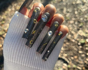 Celestial Pt 2: Diamonds in The Sky Gel Press on Nails | Silver Press on | Moon and Star Nails | 3XL Square Silver Rhinestone Nails |