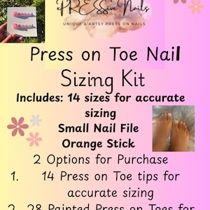 May include: A press-on toe nail sizing kit with the text "PRESSive Nails." The kit includes 14 sizes for accurate sizing, a small nail file, and an orange stick. Two purchase options are available.