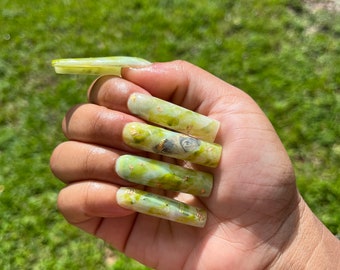Manifesting Mami Acrylic Press on Set-Jade Press on Nails- Green Crystal Nails XL Square Press on Nails- Green Nails- Square Green XL Nails