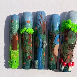 Finding the Fae Acrylic Press on Set- Fairy Painting Nails- Mushroom Garden Nails- Fairy Garden Press on Nails- Grass Nails- Moss Nails 3XL