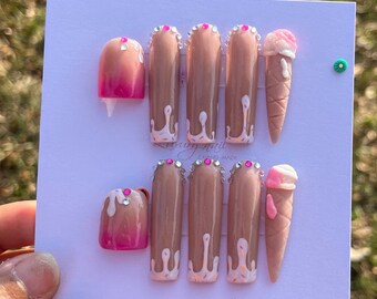 Emnoni’s Ice Cream Acrylic Press on Nails | Ice Cream Drip XL Press on Nails | Nude/Square/Pink Ice Cream Nails | Summer Ice Cream Press ons
