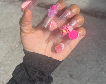The Big Pink Gel Press on Set- Candy Nails- Junk Nails- 3XL Square Junk Nails- Pink Press on Nails- Big Charm Press on Nails- Kawaii Nails