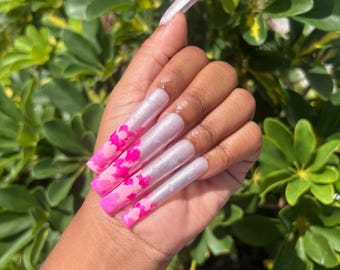 Cotton Candy Clouds Gel Press on Nails | 3XL Square Iridescent Pink Color Changing Sky Pink Fluffy Cloud | Handpainted Pink Cloud Nails