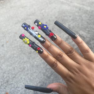 Flowers for Your Grave Acrylic Press on Set- Skeleton Nails- 3XL Black Square Acrylic Nails- Colorful Flower Nails- Day of the Dead Nails