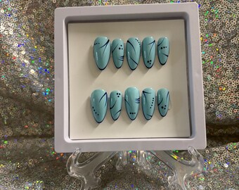 The Blue Line Gel Press on Nails | Large Almond Blue Skinny French With Blue 90’s Line & Dot Work | Custom Handmade Reusable Press on Nails