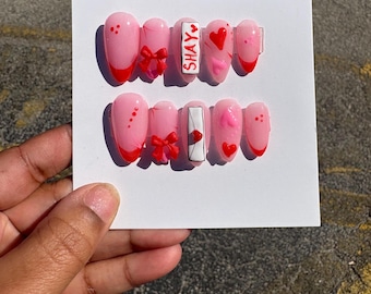 A Letter to Lexi’s Lover Acrylic Press on Nails | Almond Soft Pink 3D Heart Red & Pink French Tip 3D Love Letter VDay Press on Nail Set |
